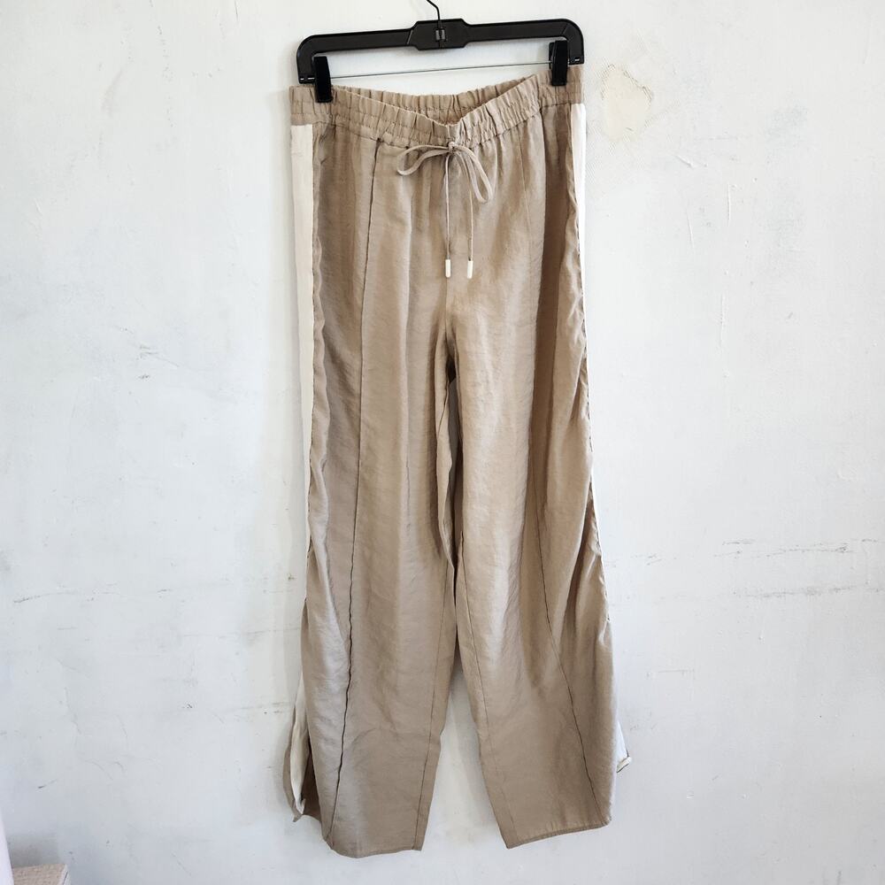 ZARA Sz L Tan Drawstring Flowy Pants Elastic Waist Wide Leg White Stripe - Picture 2 of 8